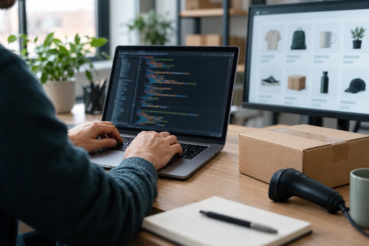 Vývojář pracuje s kódem na notebooku vedle monitoru s katalogem, balíčku a čtečky čárových kódů